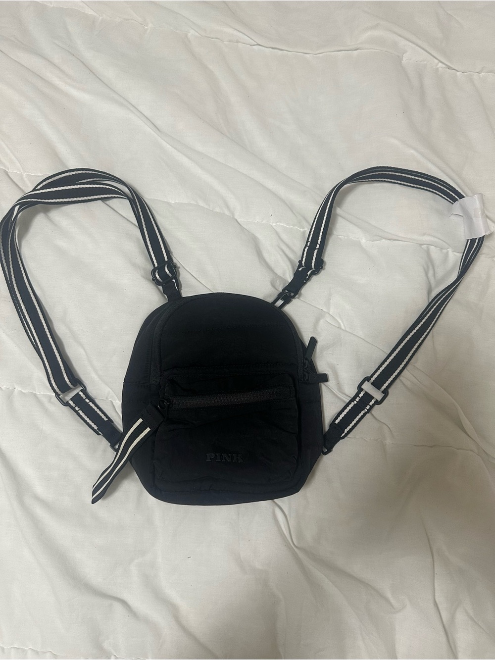 PINK Victoria's Secret Black Mini Convertible Backpack with Striped Straps
